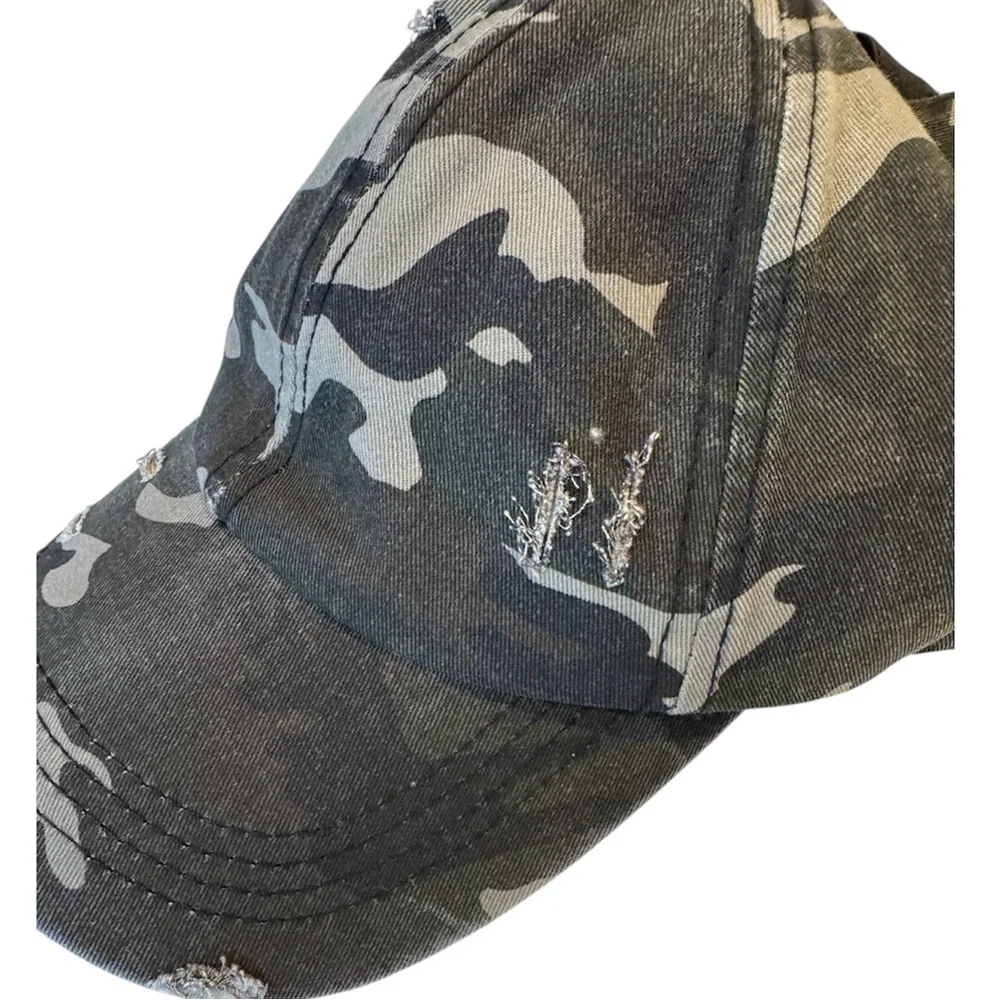 NWOT Camo Hat Distressed High Ponytail Criss Cross Back Washed Denim Camouflage